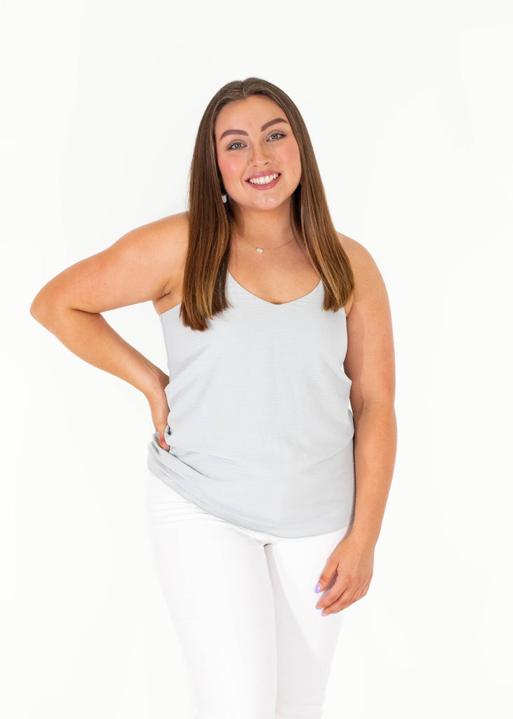 light gray tank with adjustable straps