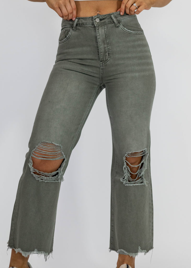 olive green crop flare distressed jeans