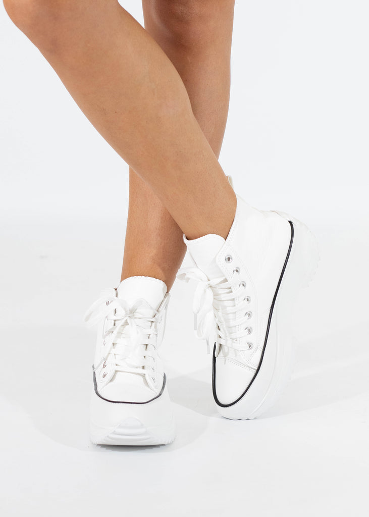 white high top sneaker with platform sole