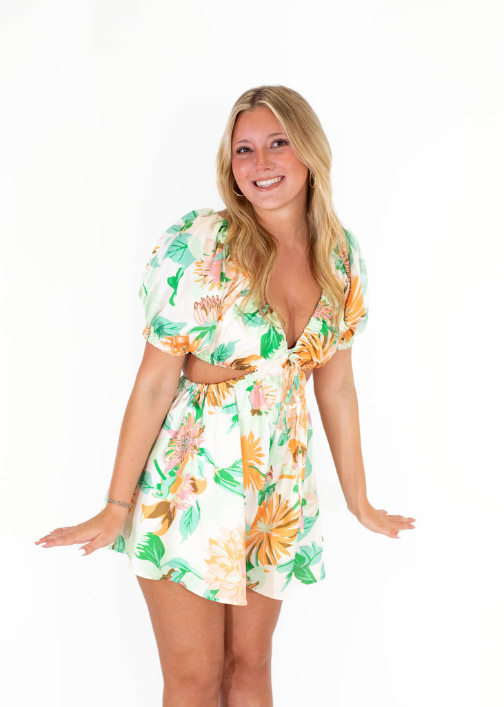 tropical print romper with cut-outs