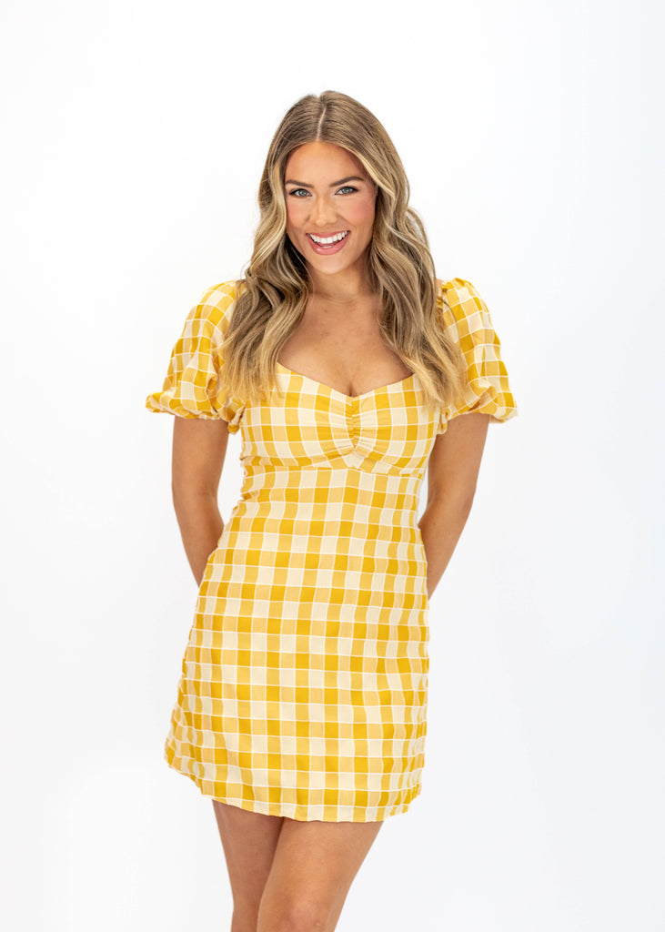 yellow checkered mini dress with balloon sleeves