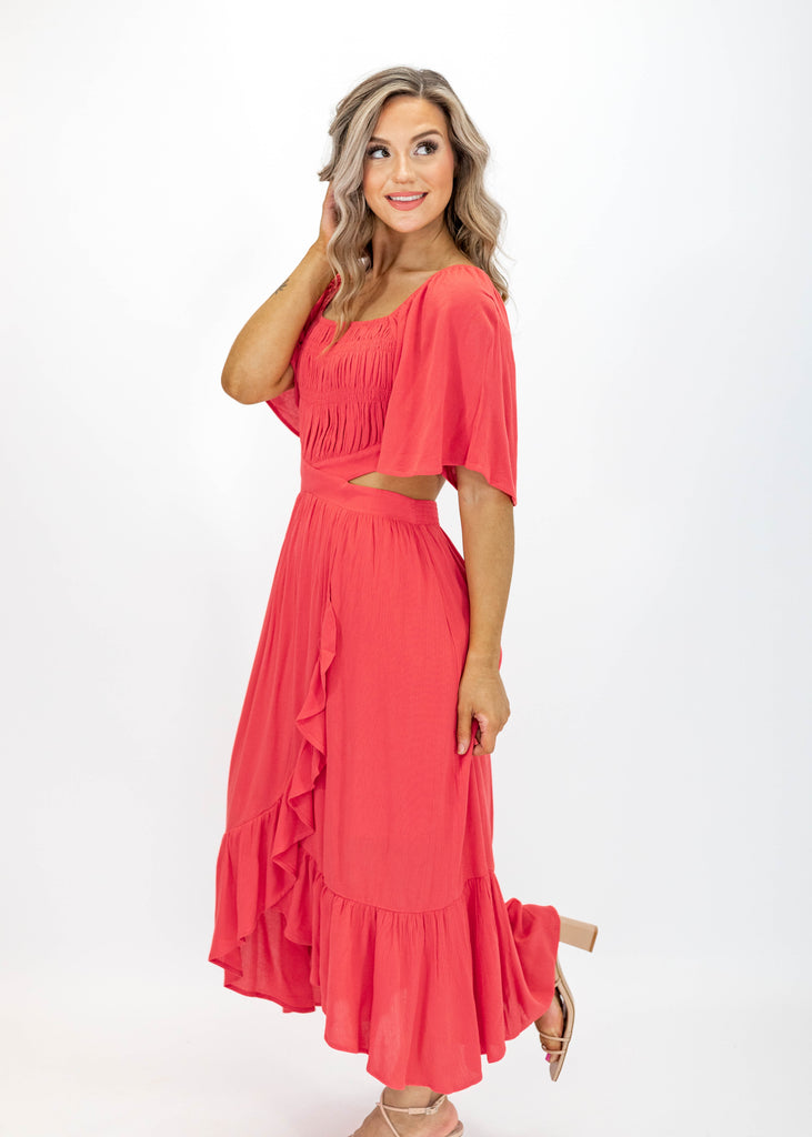 ruffles, midi dress, loose short sleeves, open sides and back, pink/red