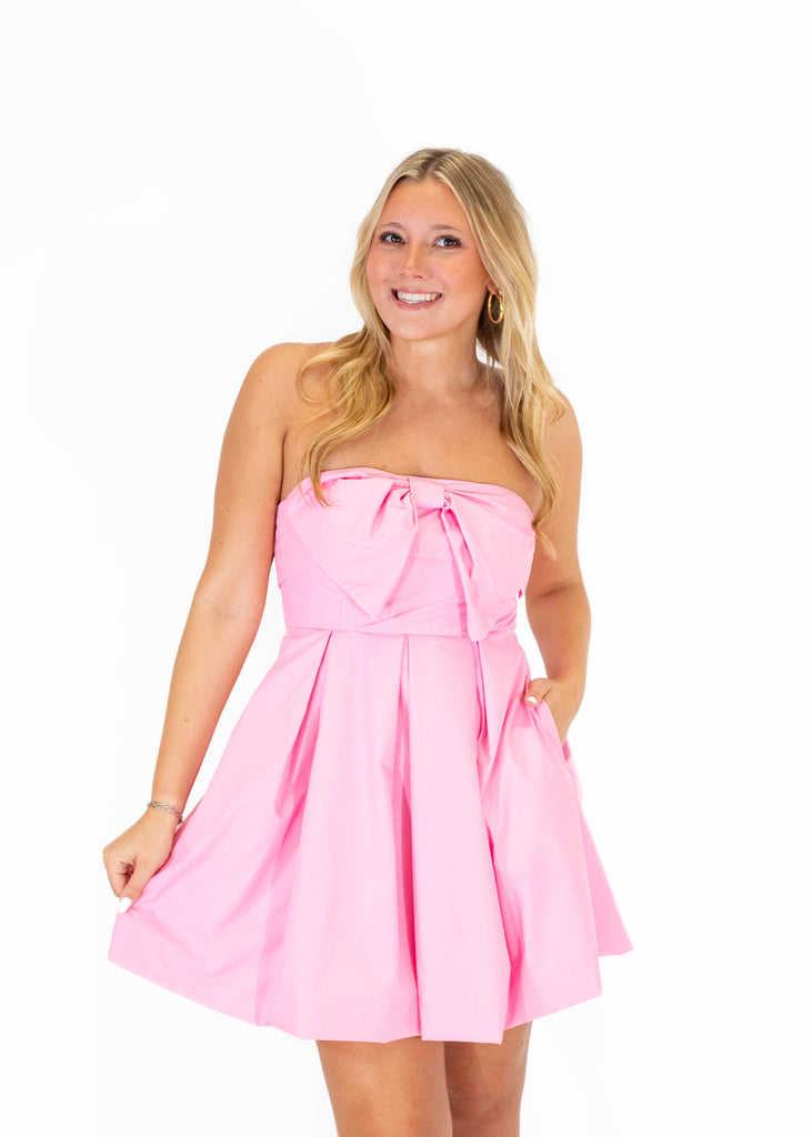 pink mini dress with bow