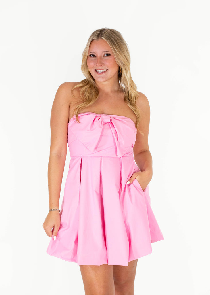 pink mini dress with bow