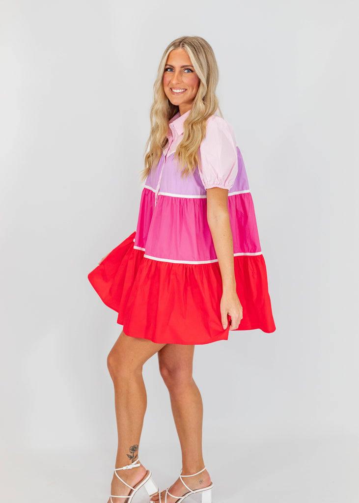 pink/red colorblock babydoll mini dress with buttons and collar