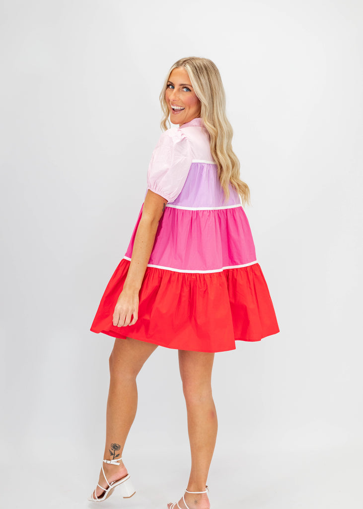 pink/red colorblock babydoll mini dress with buttons and collar