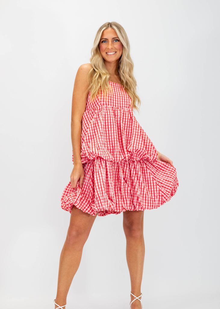 red plaid babydoll fit dress with puffy tiered design