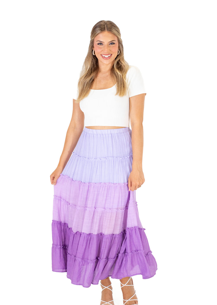purple multi tiered flowy maxi skirt