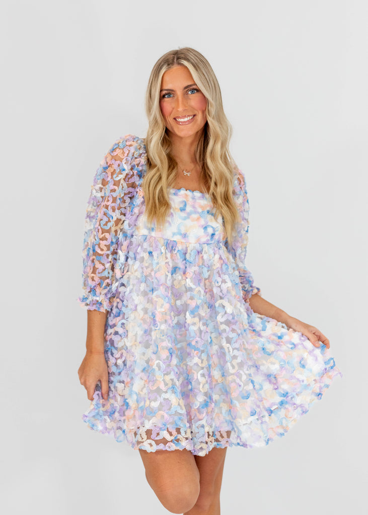 blue multi babydoll fit mini dress with mesh 3/4 balloon sleeves