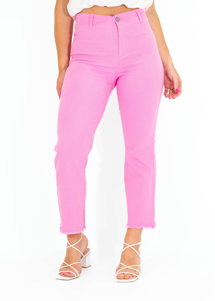 pink high rise stretchy flare leg ankle jeans