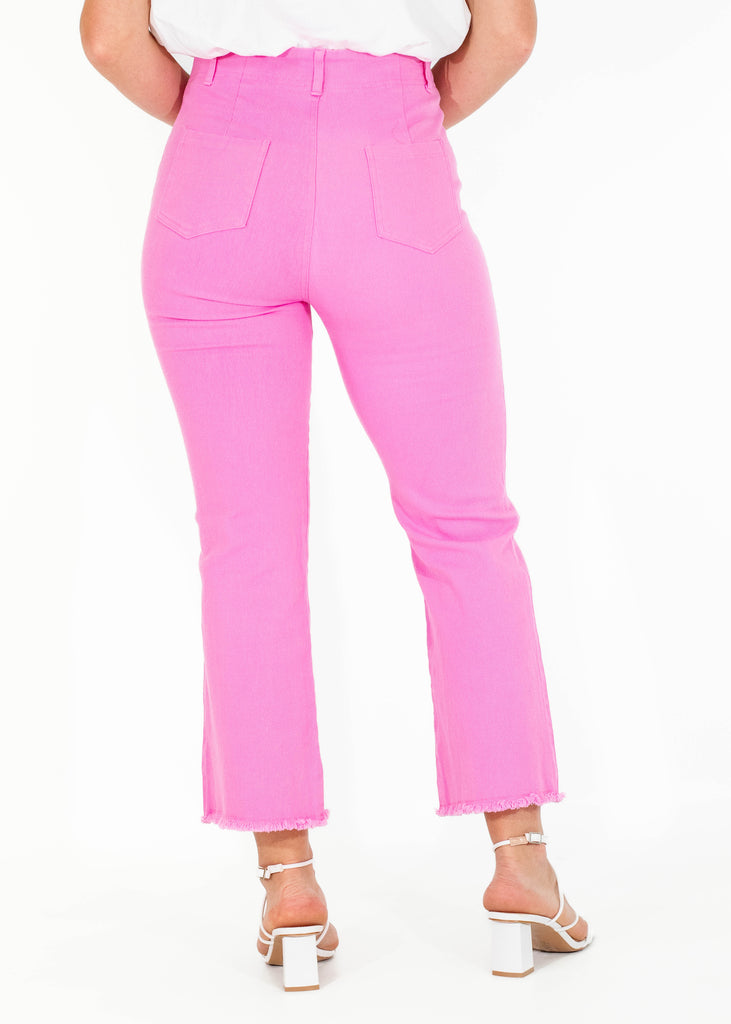 pink high rise stretchy flare leg ankle jeans'