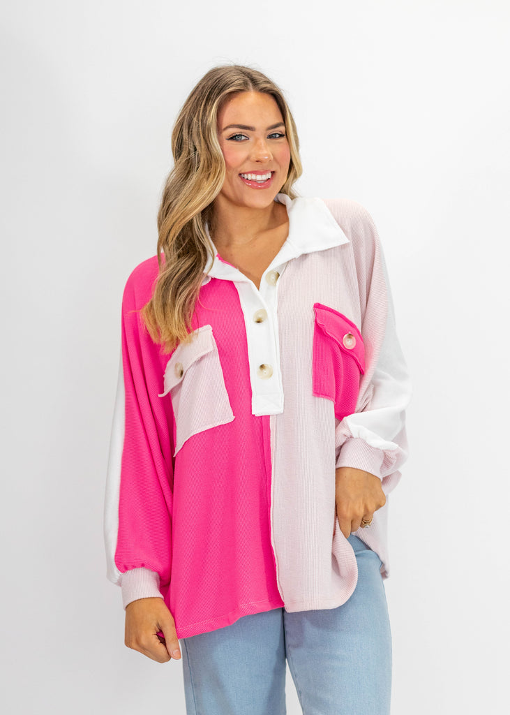 half way button down, large front chest pockets with button, bright pink and pale pink