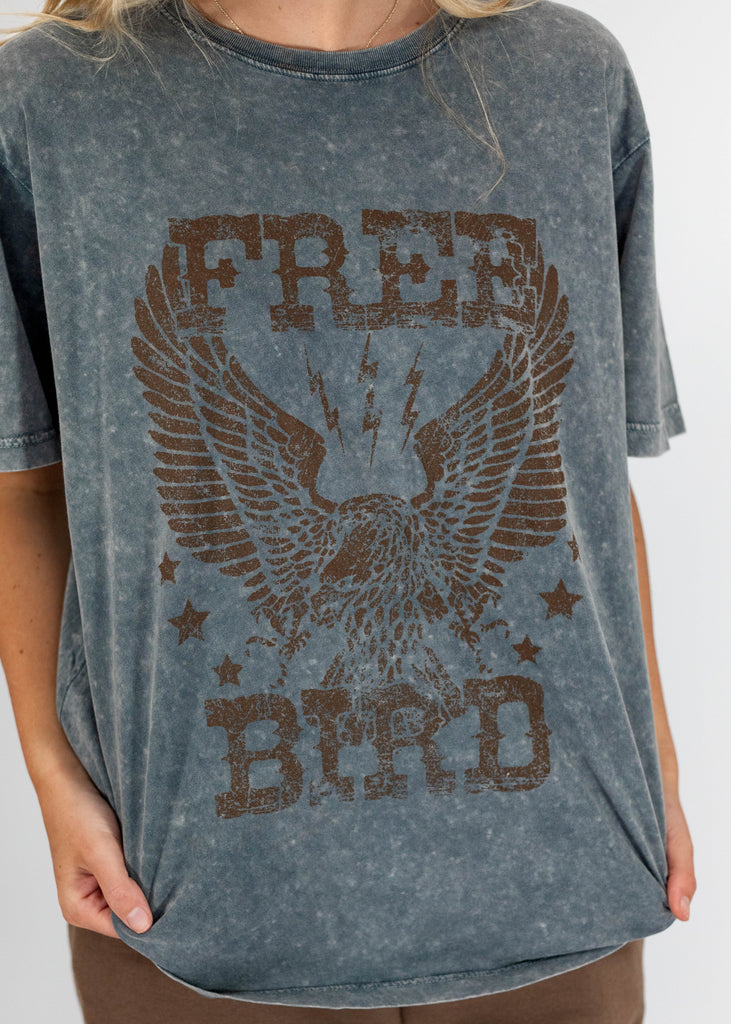 washed gray loose fit tee with brown "Free Bird" print
