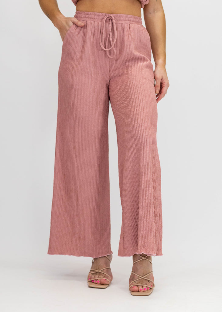 pink drawstring wide leg lightweight pants