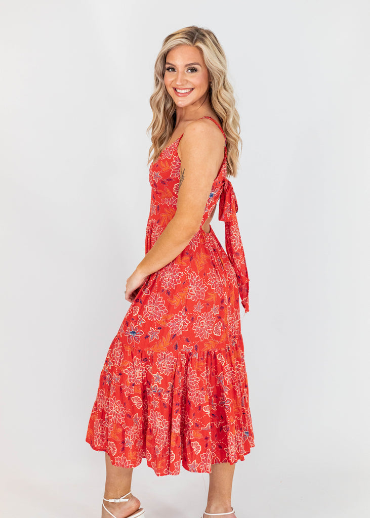 red midi dress with floral print