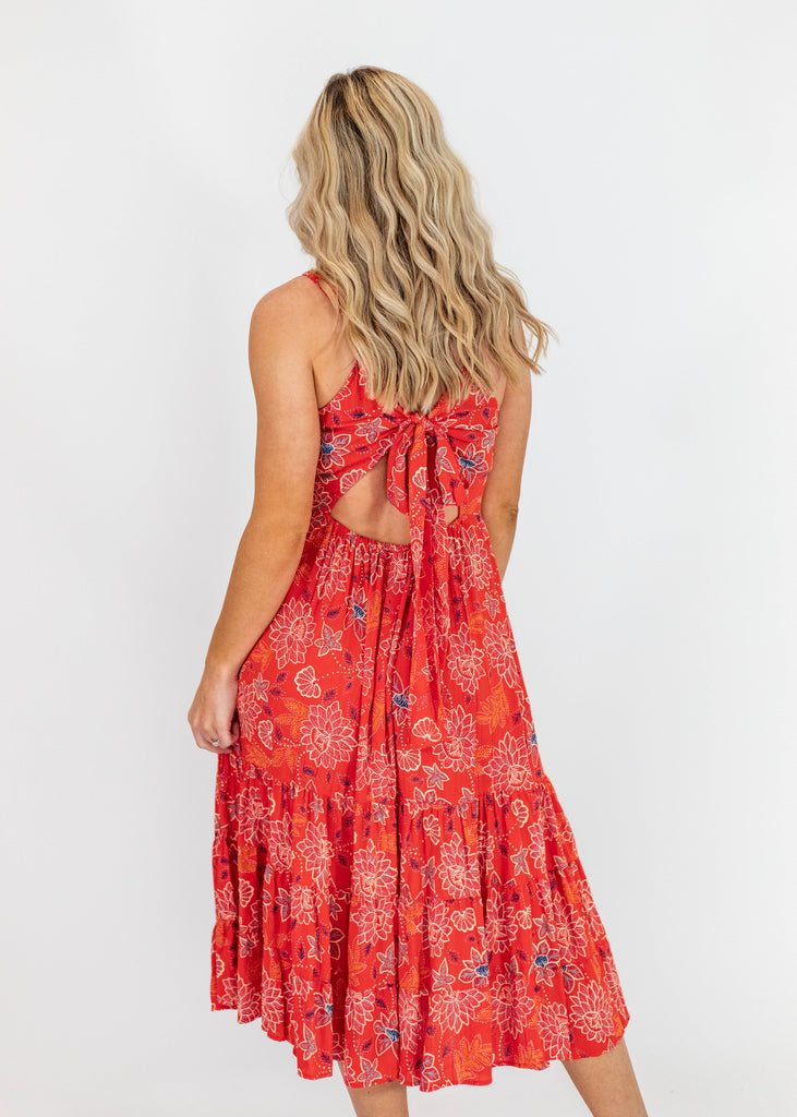 red midi dress with floral print