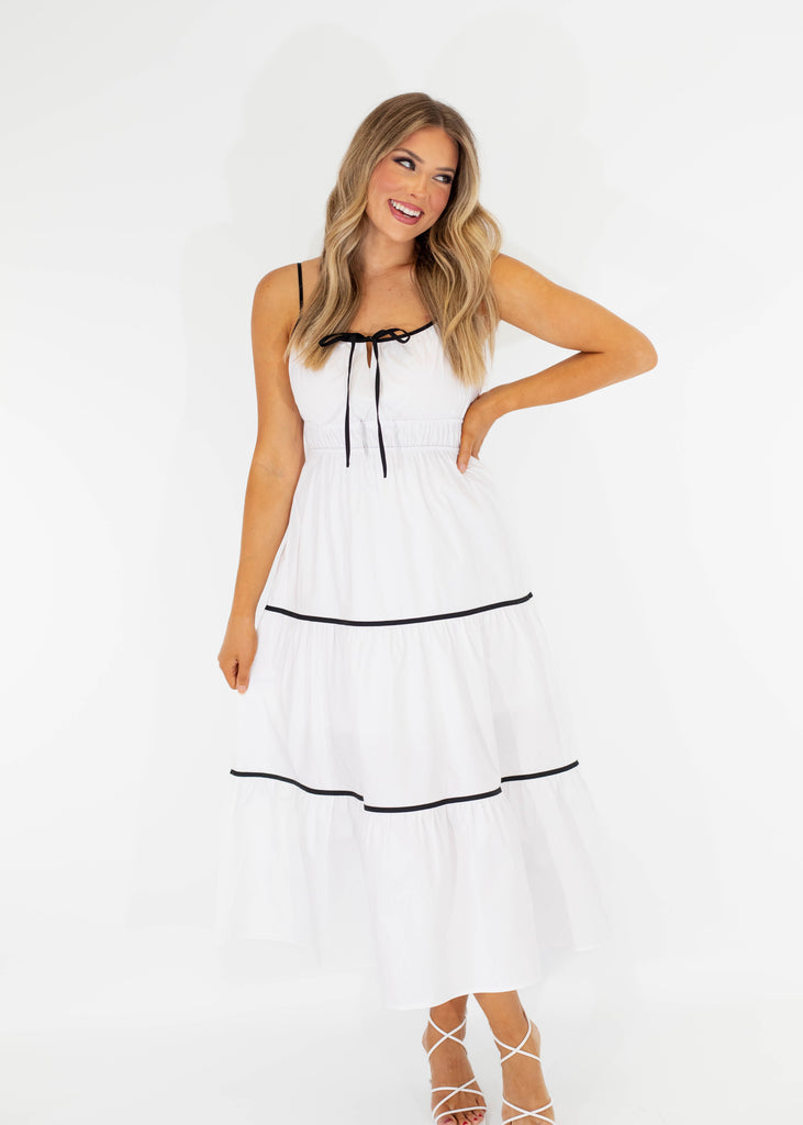 white midi dress with black detail