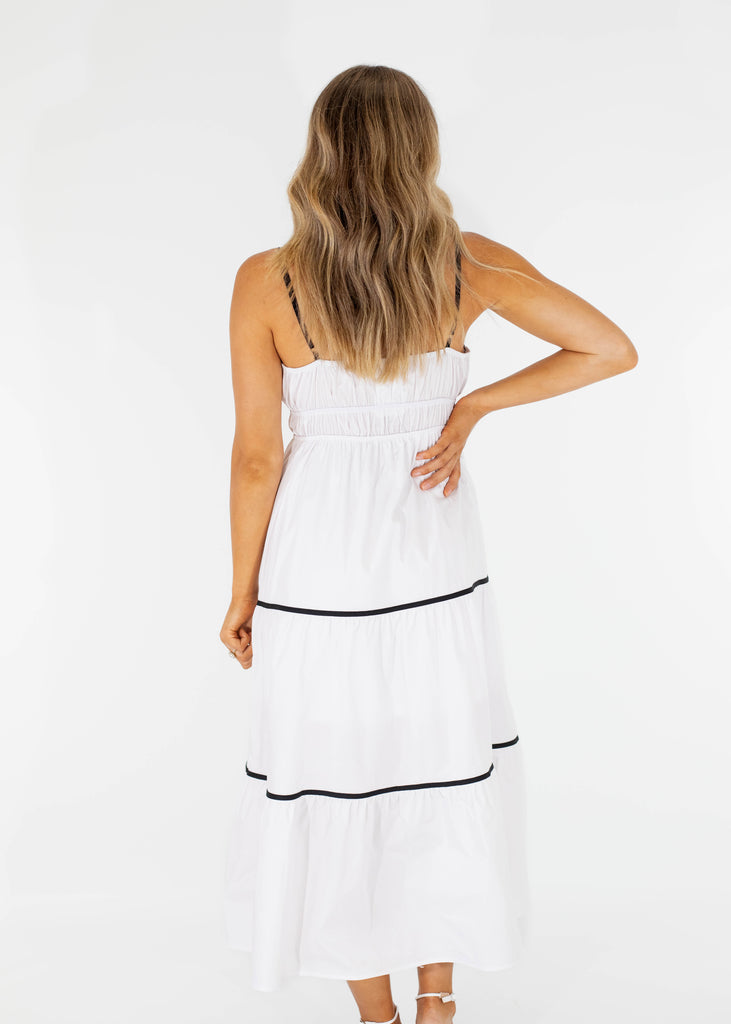 white midi dress with black detail