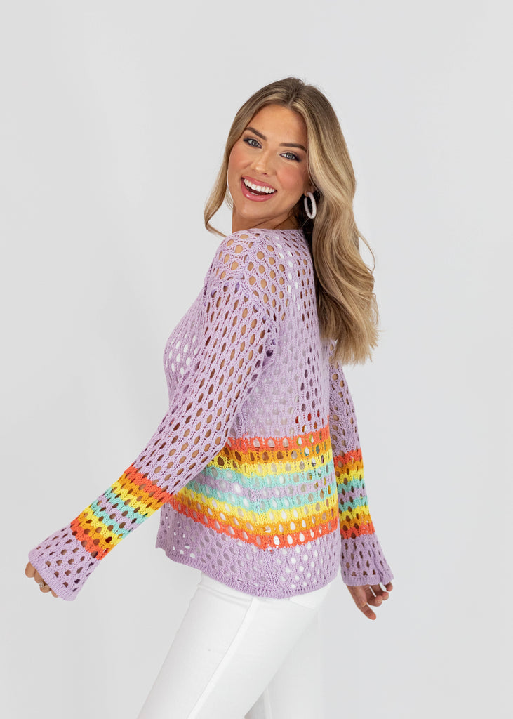 open crochet purple sweater with multi-color stripes