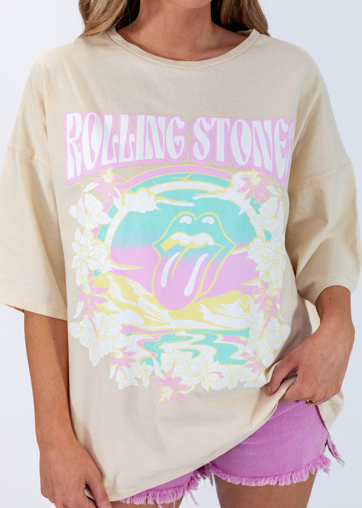 cream t-shirt with pastel multi-color Rolling Stones graphic
