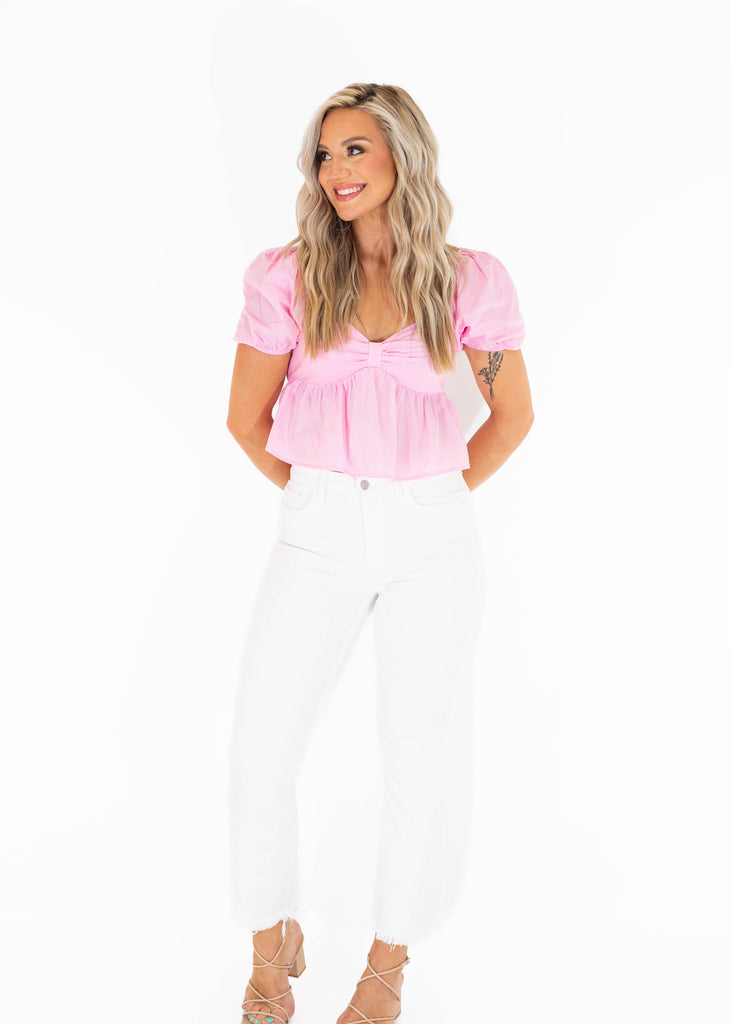pink puff sleeve bow top