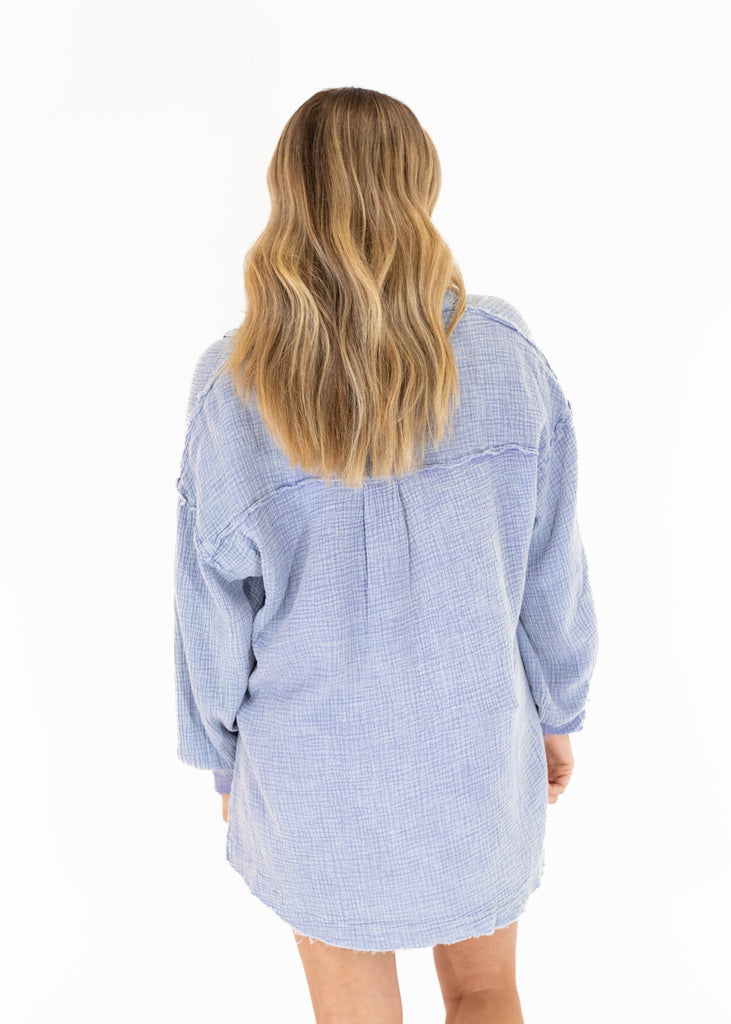 periwinkle textured oversized button down top