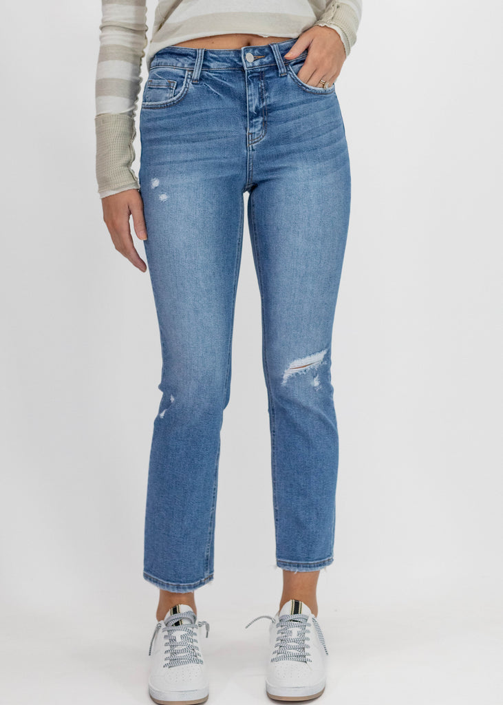 medium wash lightly distressed crop straight jeans