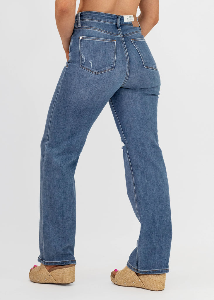 medium wash high rise distressed straight jeans
