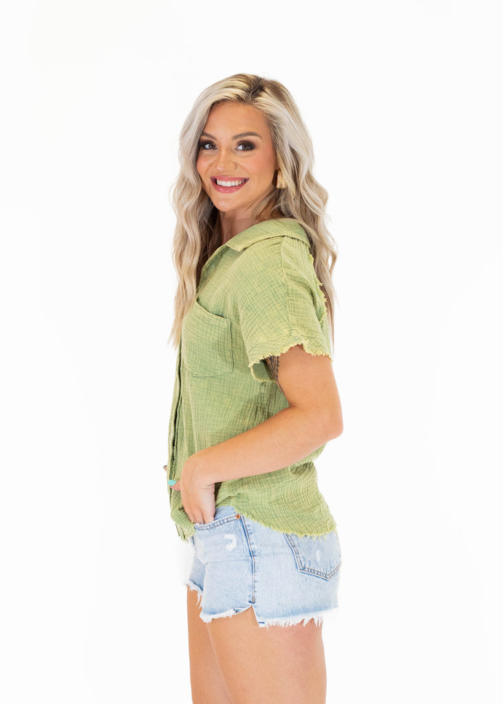 green washed button down top