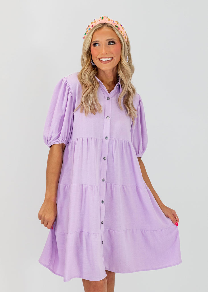 light purple button babydoll fit short dress with balloon short sleeves