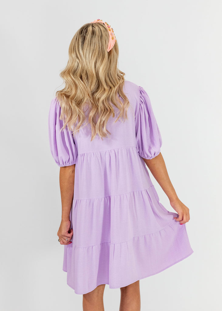 light purple button babydoll fit short dress with balloon short sleeves