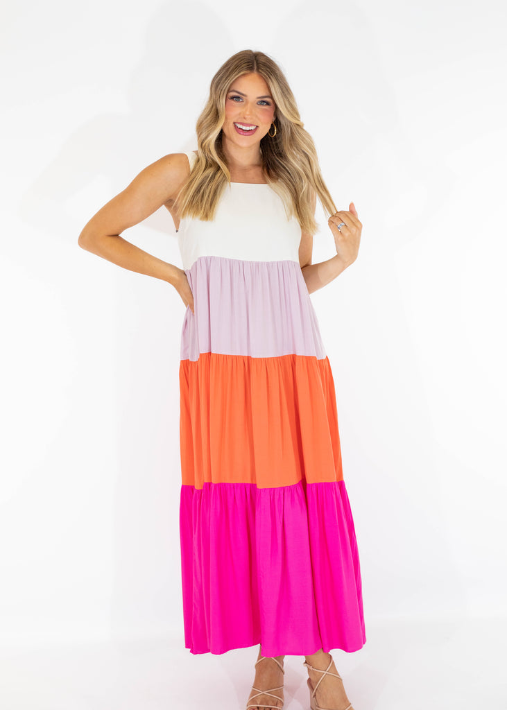 fuchsia colorblock maxi dress