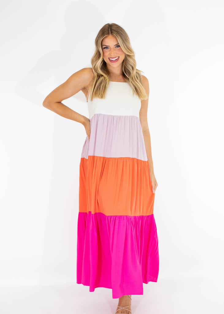 fuchsia colorblock maxi dress