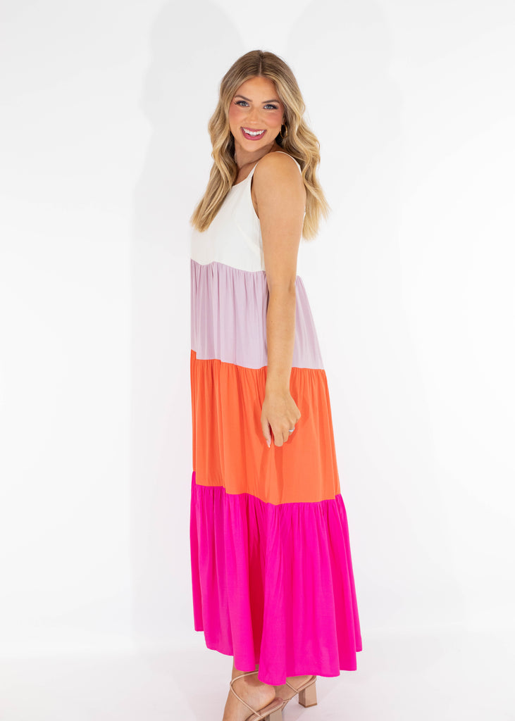 fuchsia colorblock maxi dress