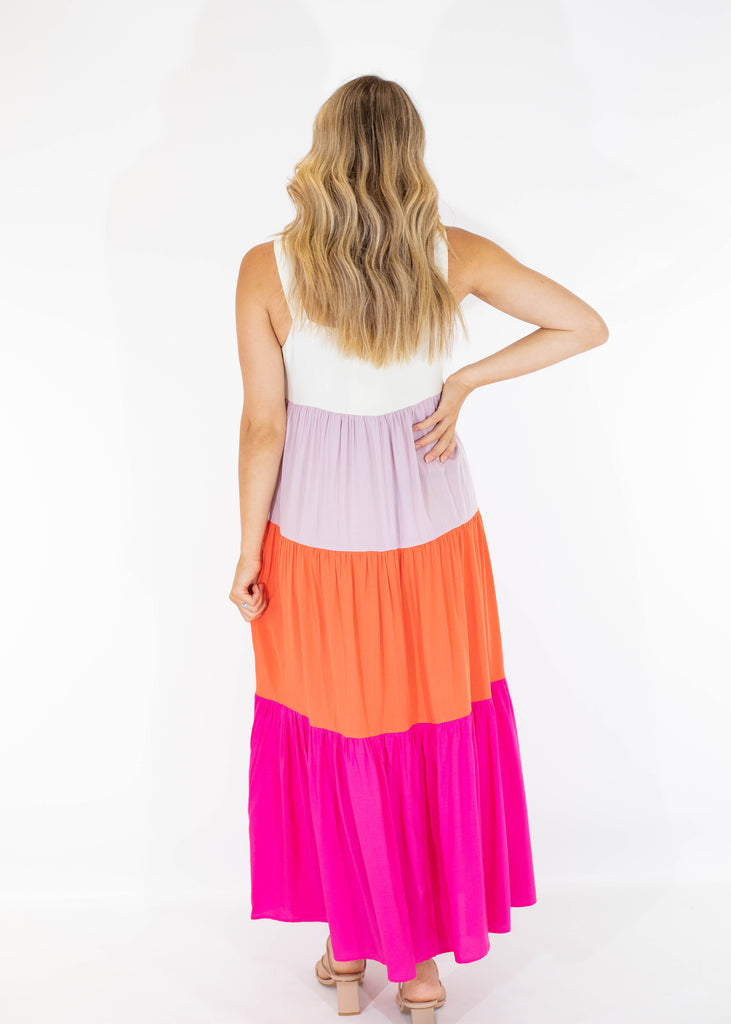 fuchsia colorblock maxi dress