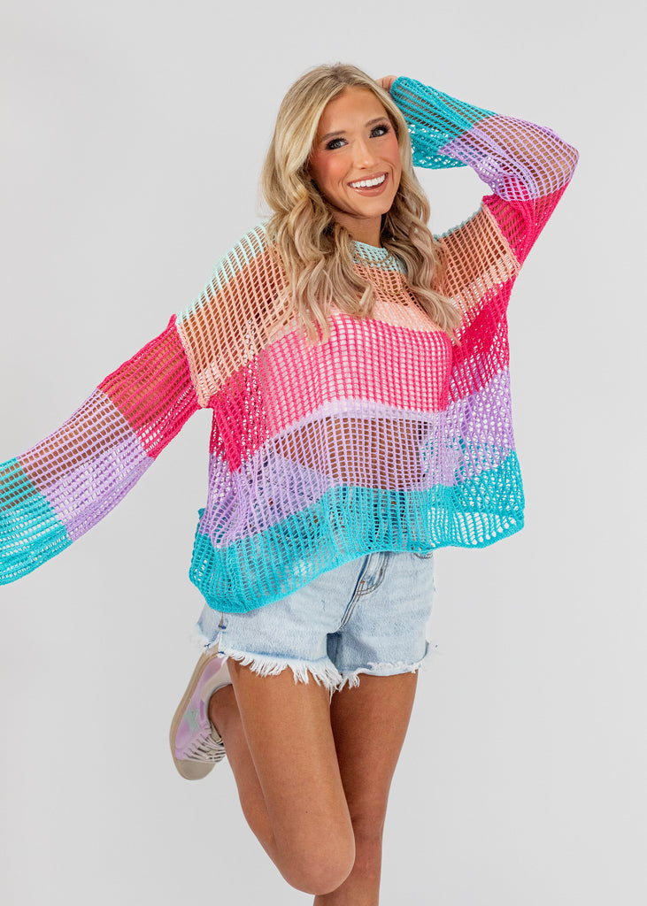 crochet multi-color stripe oversized sweater