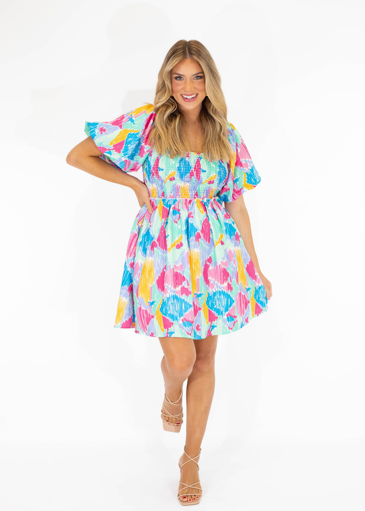 printed mini dress with puff sleeves