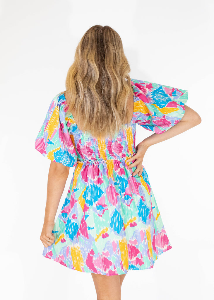 printed mini dress with puff sleeves