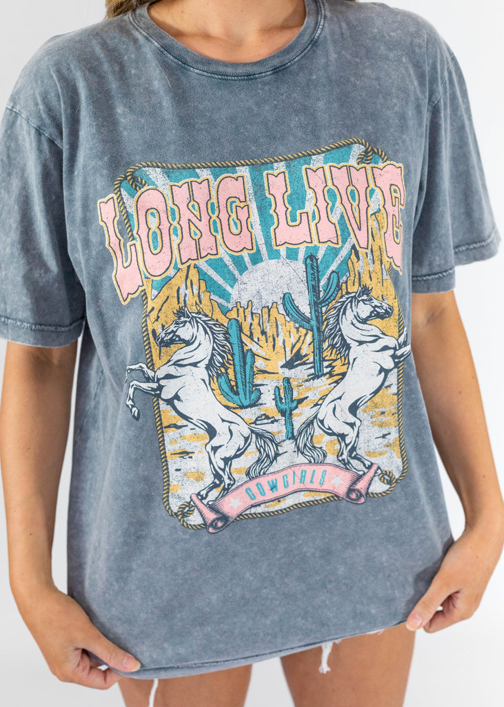 washed gray tee with "Long Live Cowgirls" print