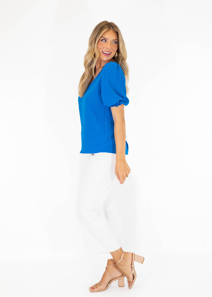 ocean blue puff sleeve blouse