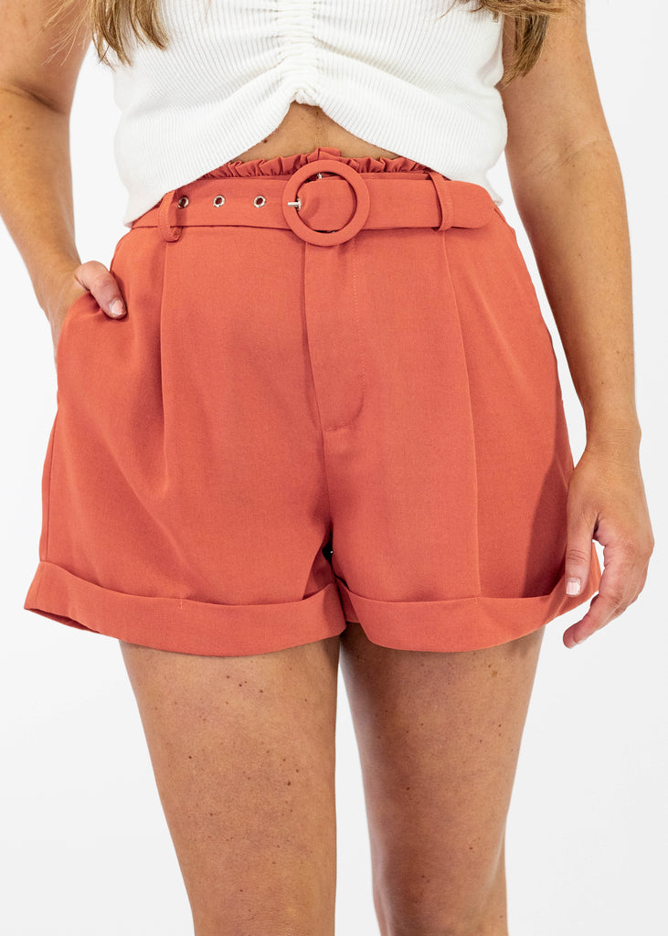 red/orange high rise belted cuffed shorts
