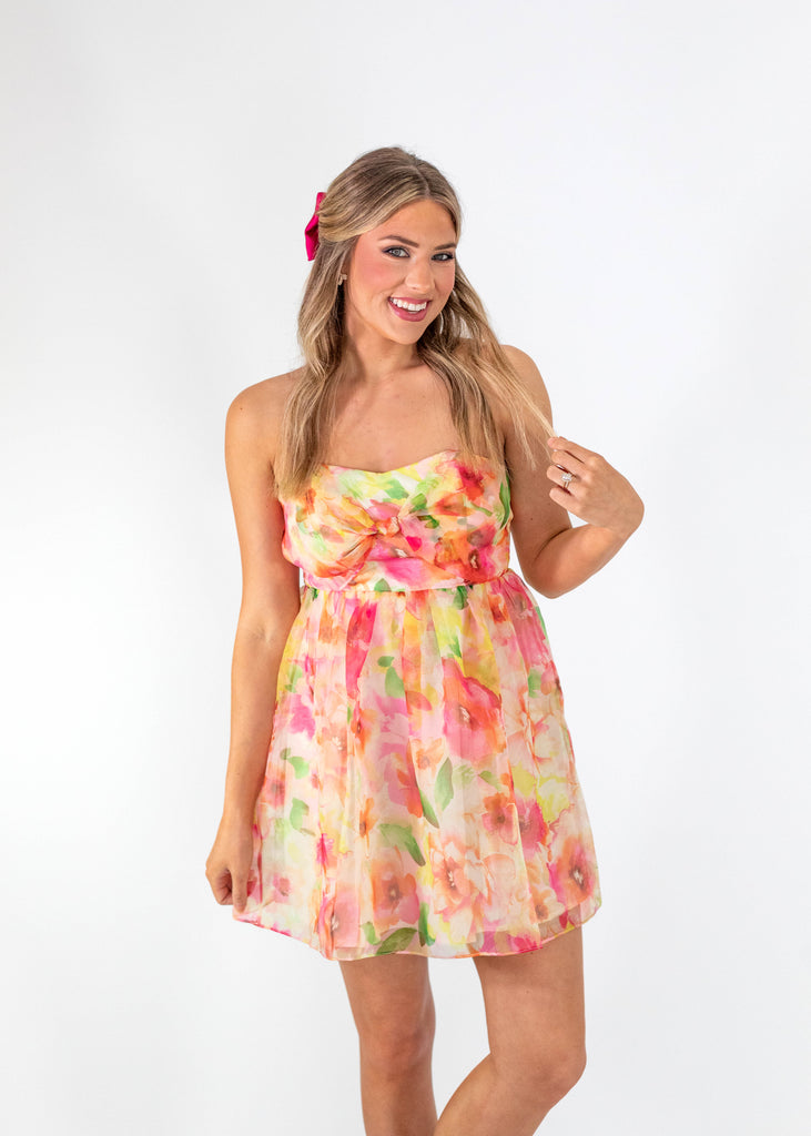 strapless floral mini dress