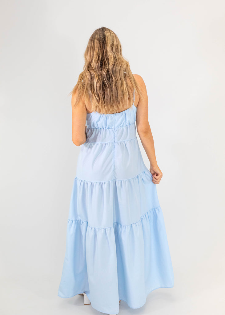 blue tiered maxi dress