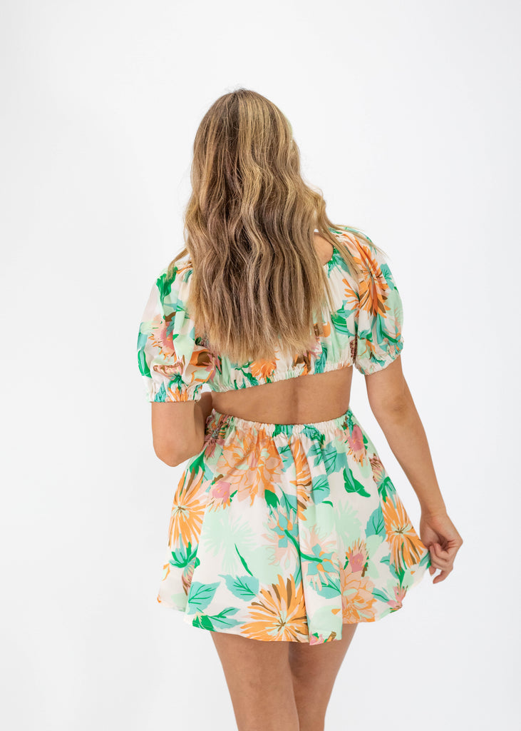 tropical print romper with cut-outs