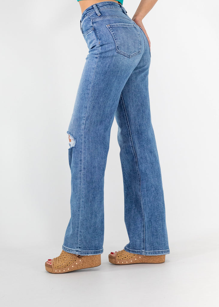 medium wash flare jeans with light distressing