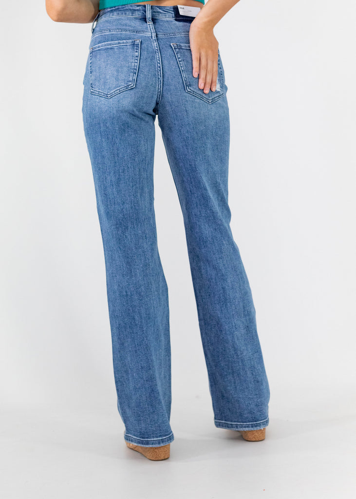 medium wash flare jeans with light distressing
