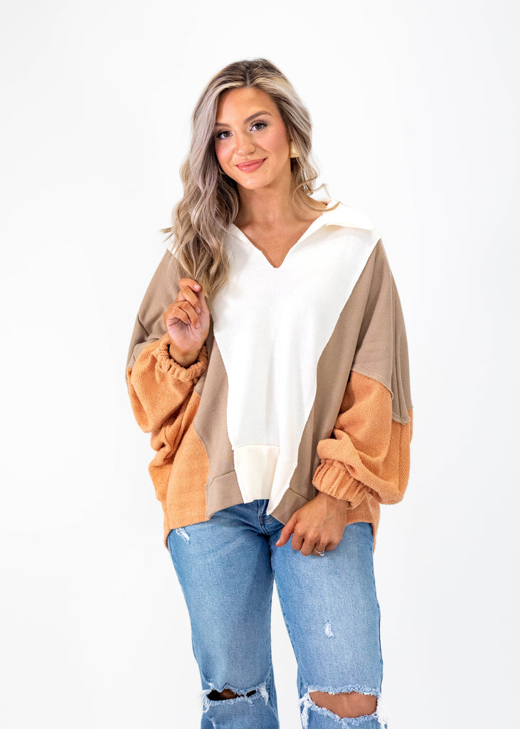 oversized v-neck shirt with brown and orange