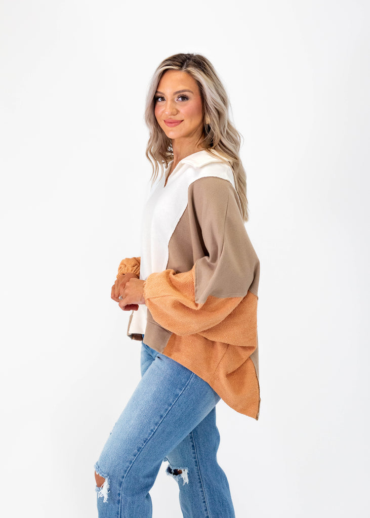 oversized v-neck shirt with brown and orange