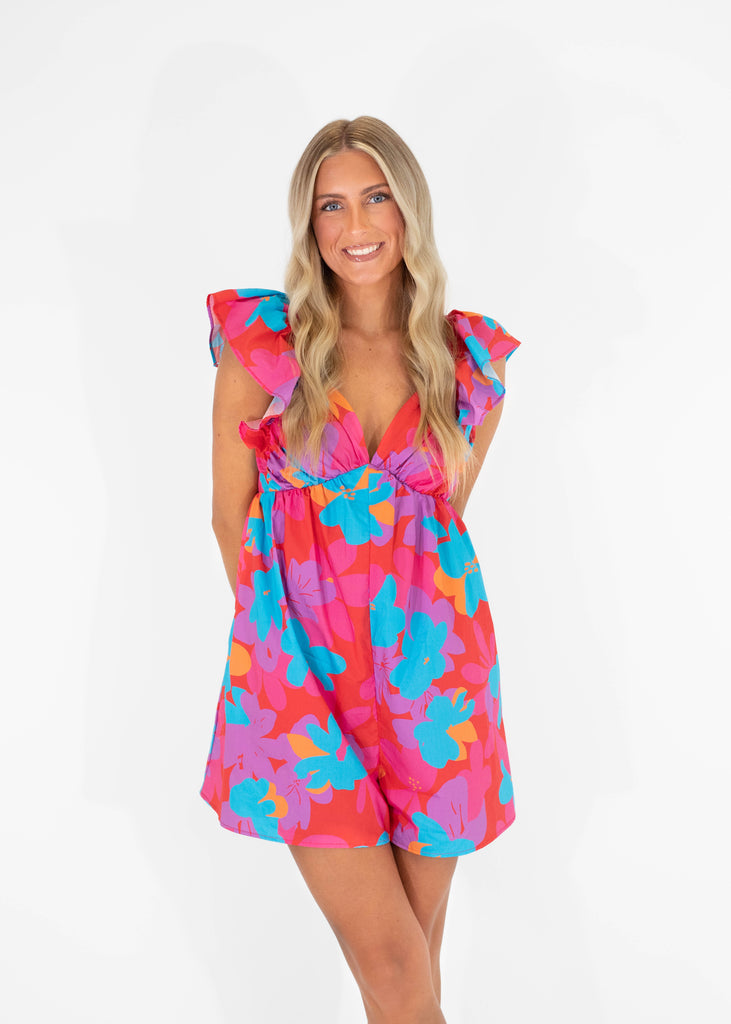 pink, red and blue floral printed romper