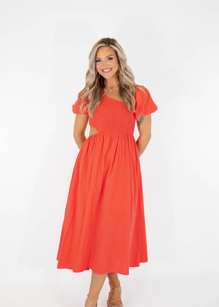 red orange midi dress with side cut out